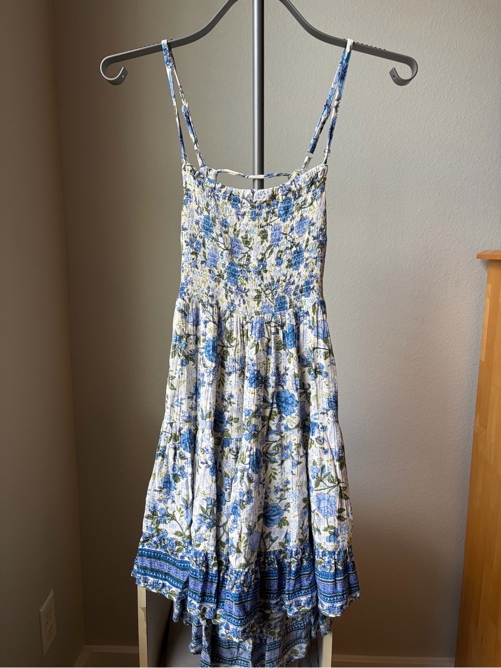 Angie White and Blue Floral Smocked Mini Dress